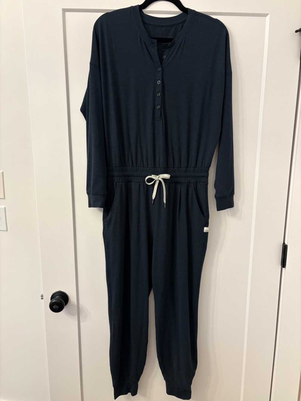 Navy Vuori Long Sleeve Henley Jumpsuit with Drawstring Waist
